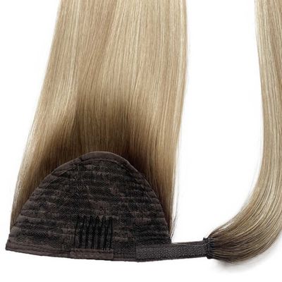 Clip di capelli umani in estensioni di coda di cavallo senza perdita di lunghi avvolgimenti dritti intorno